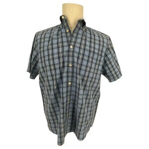 Hathaway Mens Short Sleeve Plaid Button Down Shirt Blue Grey Cotton Sz M Retro